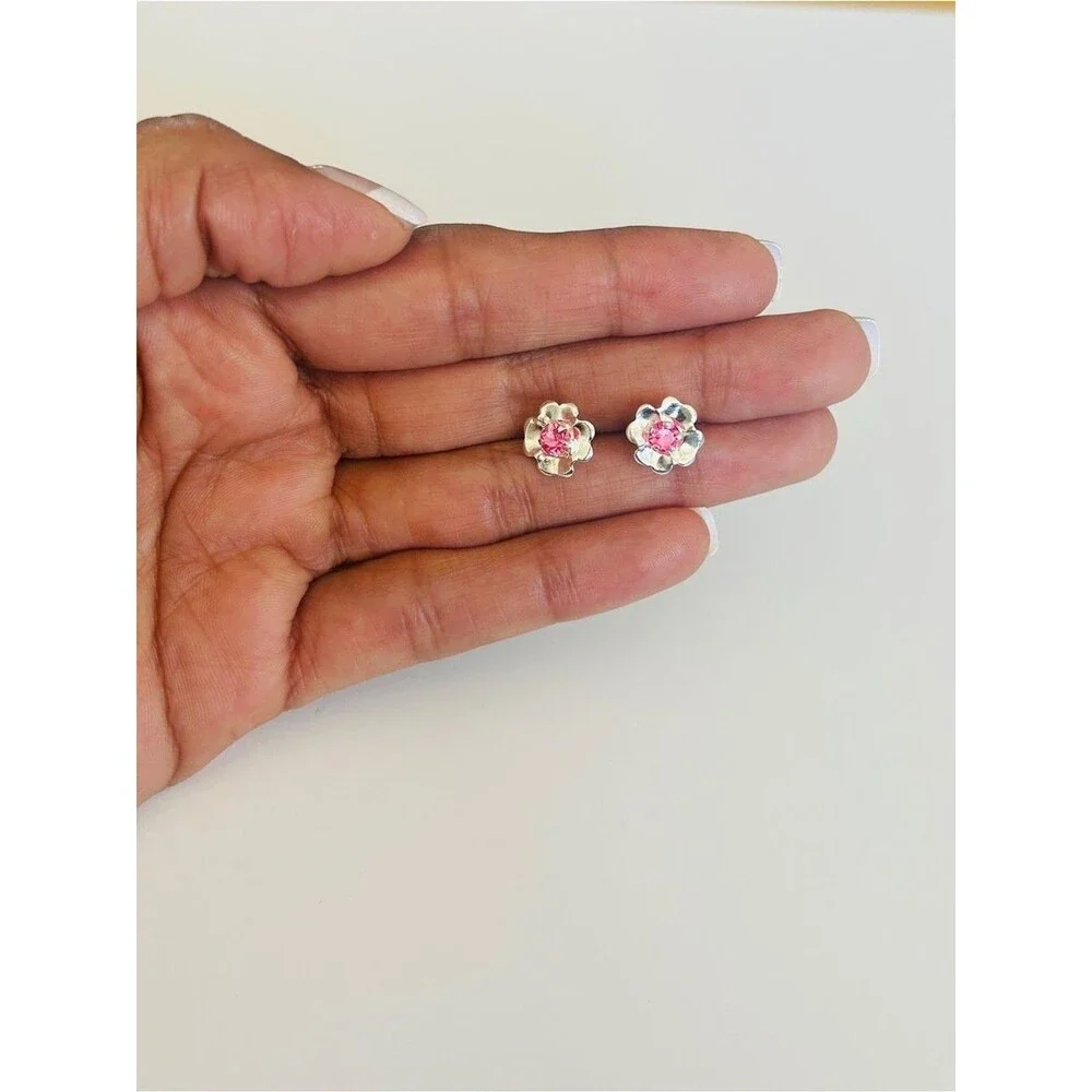 Taxco Mexico .925 Sterling Silver  Flower Stud Earrings Pink Stone|1CM|.80 G|New